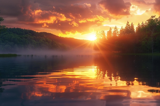 Photo a serene lake reflecting a fiery sunset