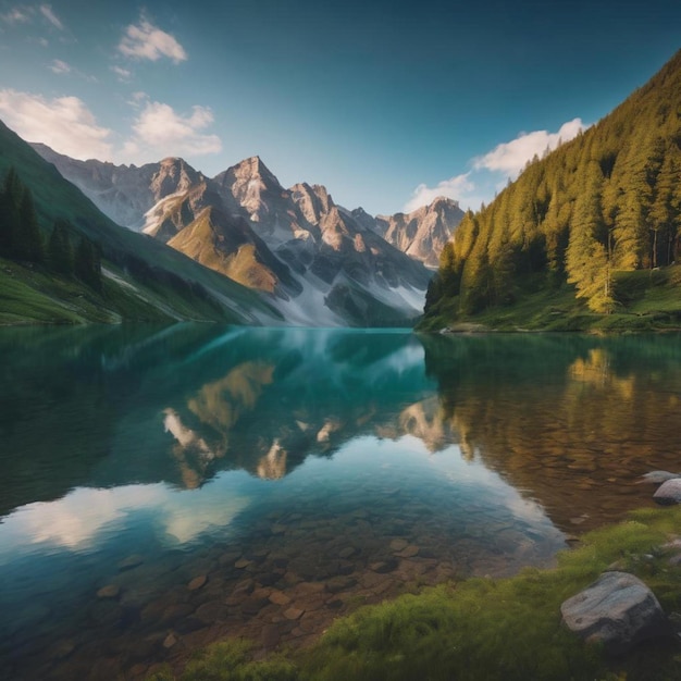 A serene lake reflecting lush green trees