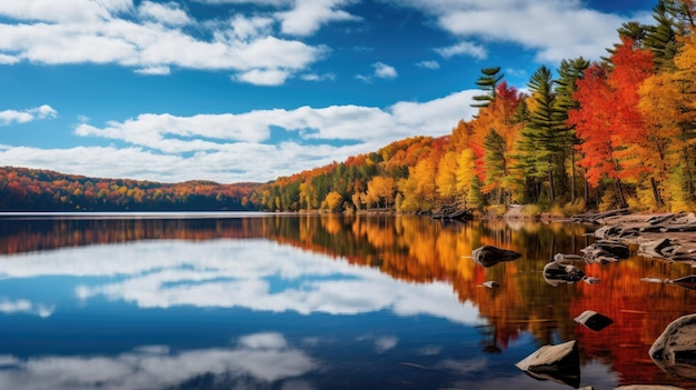 A serene lake reflecting the vibrant colors of autumn