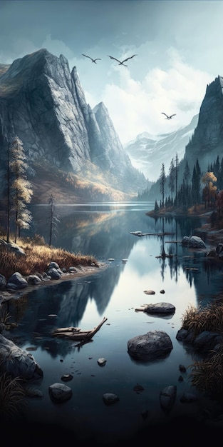 Serene Lake Rugged Mountainscape Wilderness Mobile Wallpaper Generatieve AI