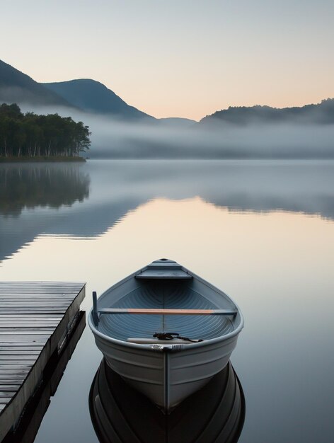 Photo a serene lake scene at dawn with a boat and misty mountains