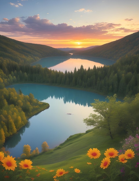 A serene lake during sunset