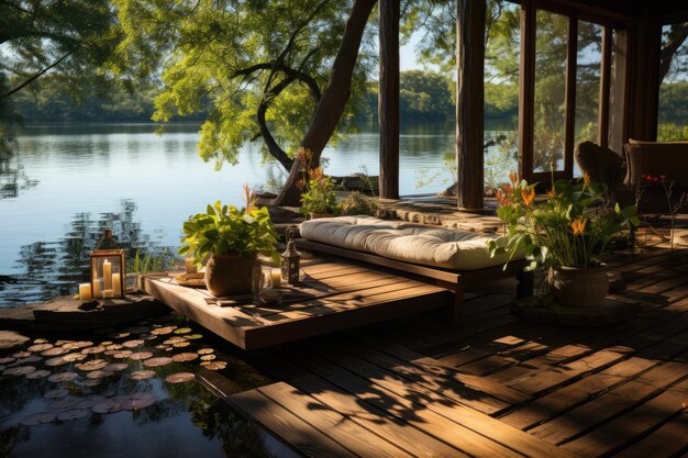 Photo serene lake surrounded by aquatic plants ideal for meditation generative ia