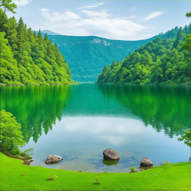 a serene lake surrounded by a lush green landscaping ai generated