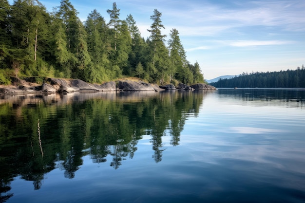 Serene lake surrounded by lush trees and rugged rocks Generative AI