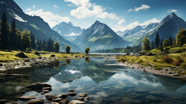 A serene lake surrounded by mountains AI generated