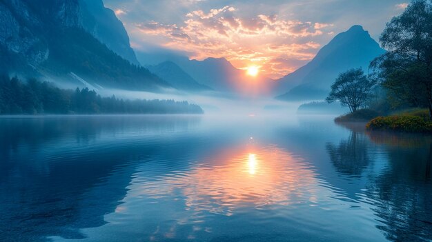 写真 山に囲まれた静かな湖は 静けさの瞬間を描いています