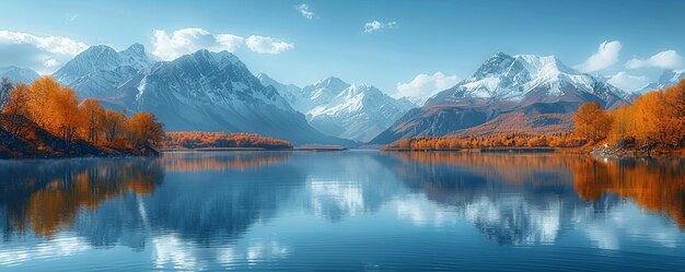 A Serene Lake Surrounded By SnowCapped Mountains Background
