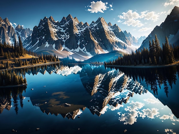 Photo a serene lake surrounded by towering mountains with a reflection of the landscape on the calm water