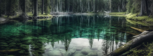 A serene lake surrounded by towering trees Horizontal banner AI generated