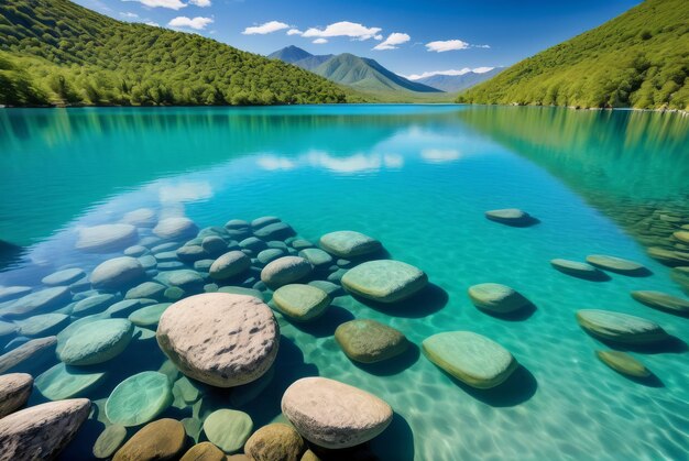 a serene lake where smooth stones gleam beneath the clear turquoise