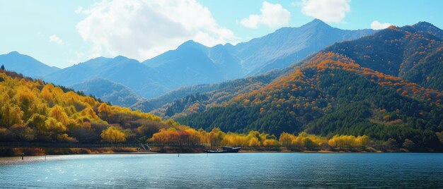 Serene Lake with Autumn Foliage and Mountain Backdrop