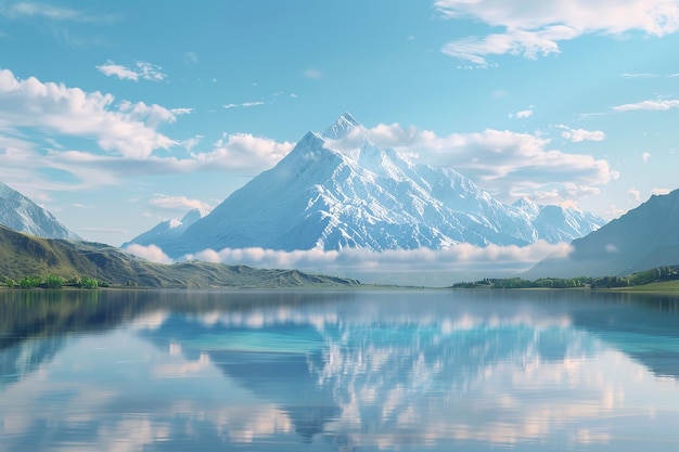 A serene lake with a reflection of a snowcapped mo