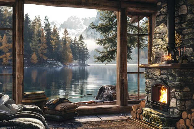 Serene lakeside cabin with a cozy fireplace