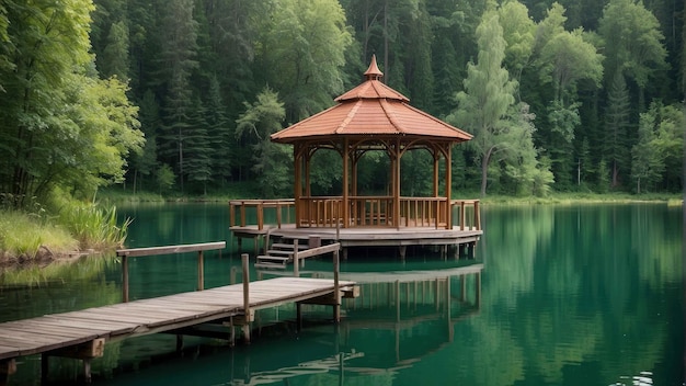 Serene lakeside gazebo in greenery