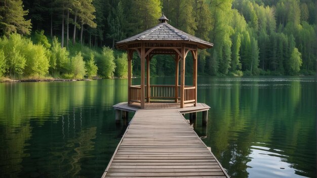 Serene lakeside gazebo in greenery