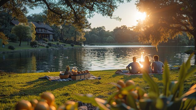 A Serene Lakeside Picnic With Families Background