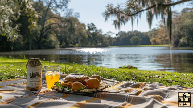 Photo a serene lakeside picnic with families background