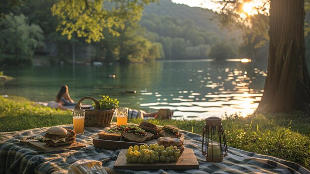 Photo a serene lakeside picnic with families wallpaper