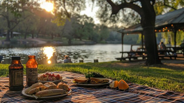 Photo a serene lakeside picnic with families wallpaper