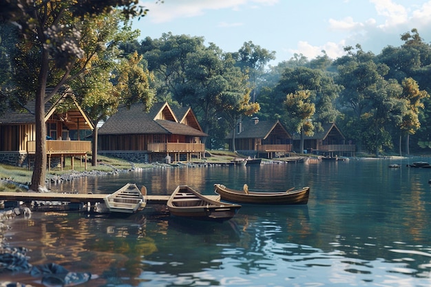 A serene lakeside retreat with docked boats