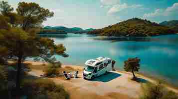 Photo serene lakeside rv camping spot perfect for a peaceful getaway nature meets comfort road trip and relaxation ai