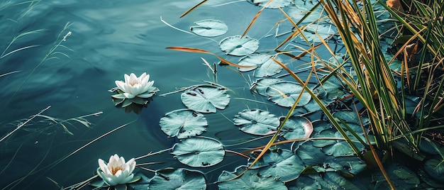 Serene lakeside scene flat lay