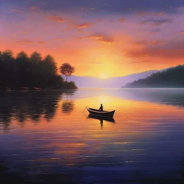 A serene lakeside sunrise with calm waters reflection