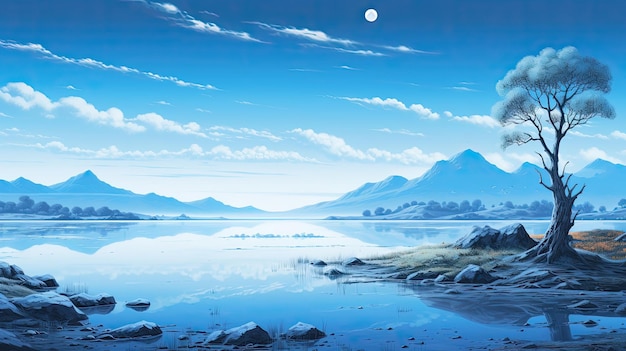 Serene landscape against tranquil blue background