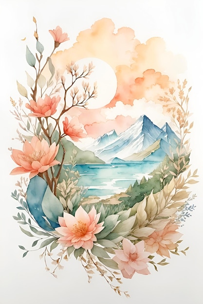 Serene landscape background Beautiful hand drawn natural element Design illustration for wallpaper