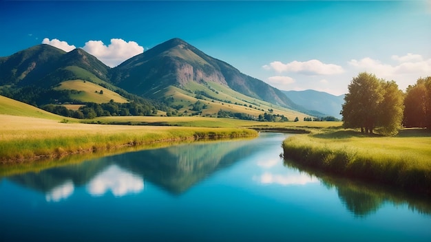 A serene landscape features a lake in the foreground with a grassy field and mountains in the background ai generative