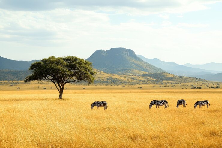 Photo a serene landscape featuring zebras grazing under a tree in a golden grass field