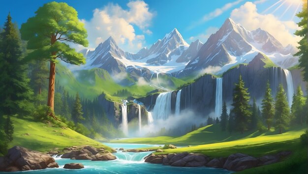 Спокойный пейзаж пышного зеленого леса с каскадным водопадом яркие цвета величественные горы