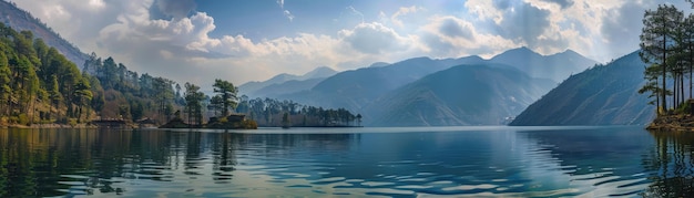 Foto paesaggio sereno di una maestosa catena montuosa vicino a un tranquillo lago blu con rive boscose bagnate da