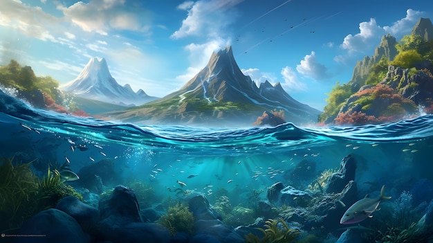 Serene Landscape Majestic Mountain and Tranquil Ocean with a Boat Gracefully Sailing Generative AI
