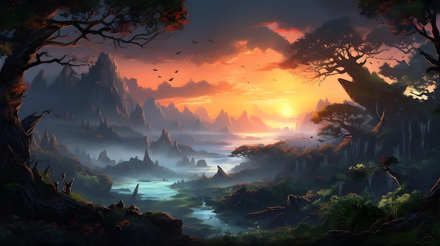 Спокойный ландшафт Величественный закат в лесу с рекой и горами, созданный ИИ