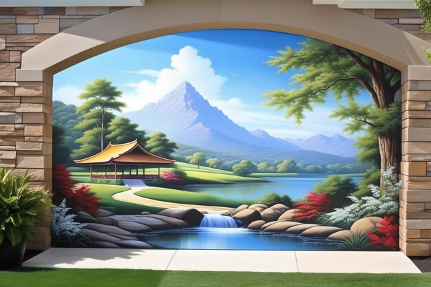 Serene landscape mural in photorealistic style