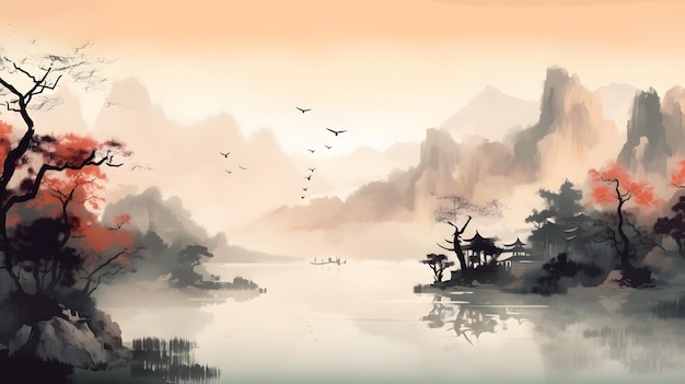 Serene Landscape Painting of a River with a Boat and Majestic Birds S