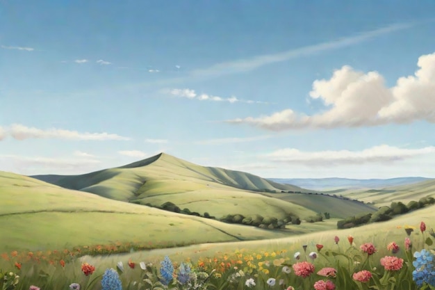 A serene landscape of rolling hills dotted with wildflowers and framed by a clear blue sky