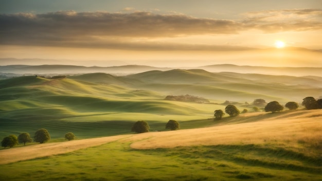A serene landscape of rolling hills and lush greenery illuminated by a soft golden sunset