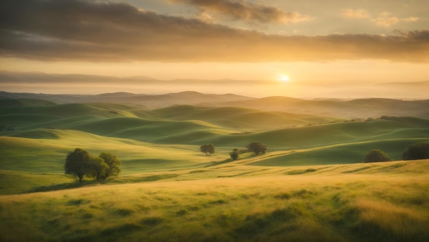 A serene landscape of rolling hills and lush greenery illuminated by a soft golden sunset