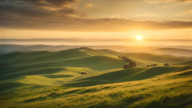 柔らかい金色の夕暮れに照らされた 丘と茂みの緑の ⁇ やかな風景