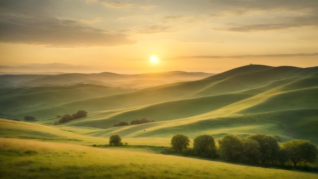 A serene landscape of rolling hills and lush greenery illuminated by a soft golden sunset