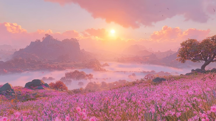 Photo 晴朗的風景,有開花的花朵和日落的光輝