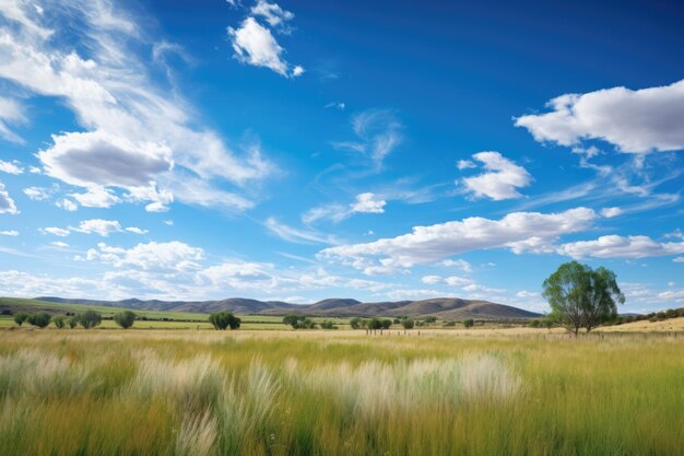 Serene landscape with clear blue sky and fluffy clouds created with generative ai