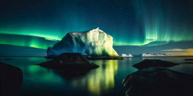 Serene landscape with iceberg floating in calm sea ocean with aurora on background ai generated