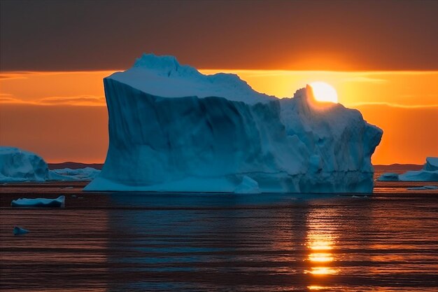 Serene landscape with massive iceberg floating in calm sea ocean on sunset sky background ai generat