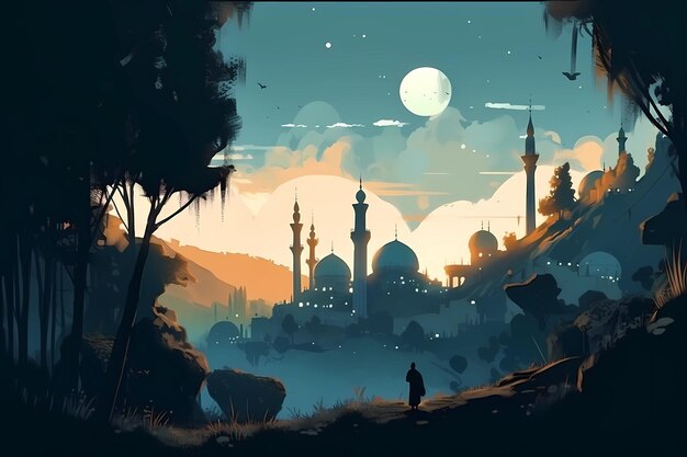 A serene landscape with a mosqu digital art illustration