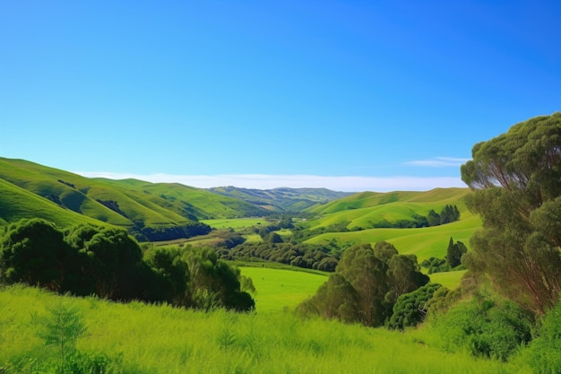 Serene landscape with rolling hills lush greenery and clear blue sky created with generative ai