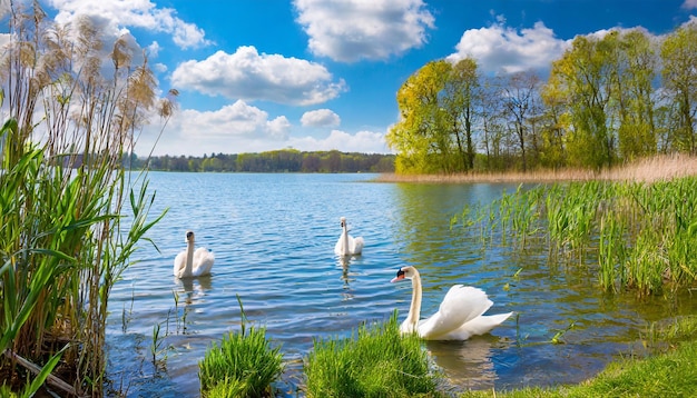 Serene landscape with swans on a lake